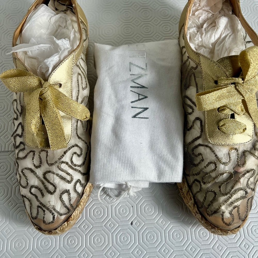 Stuart Weitzman espadrilles. gold or tan organza mesh lace-up style.